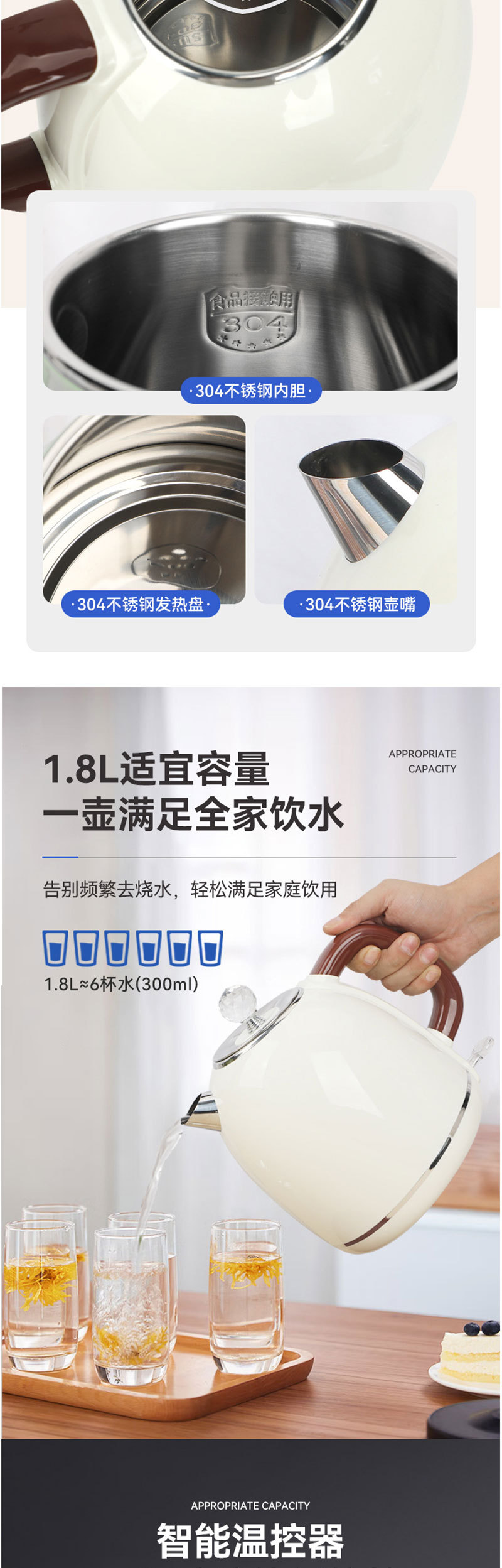 佑达双层防烫烧水壶304医用不锈钢复古自动断电热水壶快速壶1.8L详情3