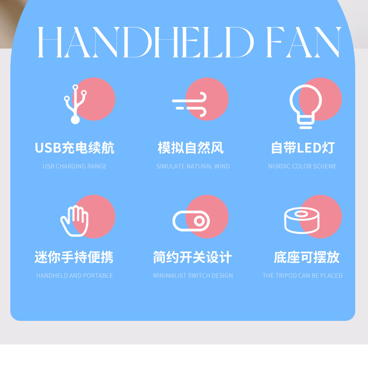 卡通造型手持迷你USB充电风扇 便携式学生宿舍办公桌面用带底座带灯光风扇 创意小风扇静音大风力详情2