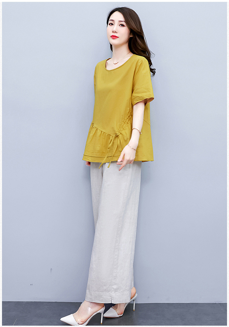 2022新款女装夏季两件套裤宽松大码上衣棉麻阔腿裤休闲时尚套装女详情9