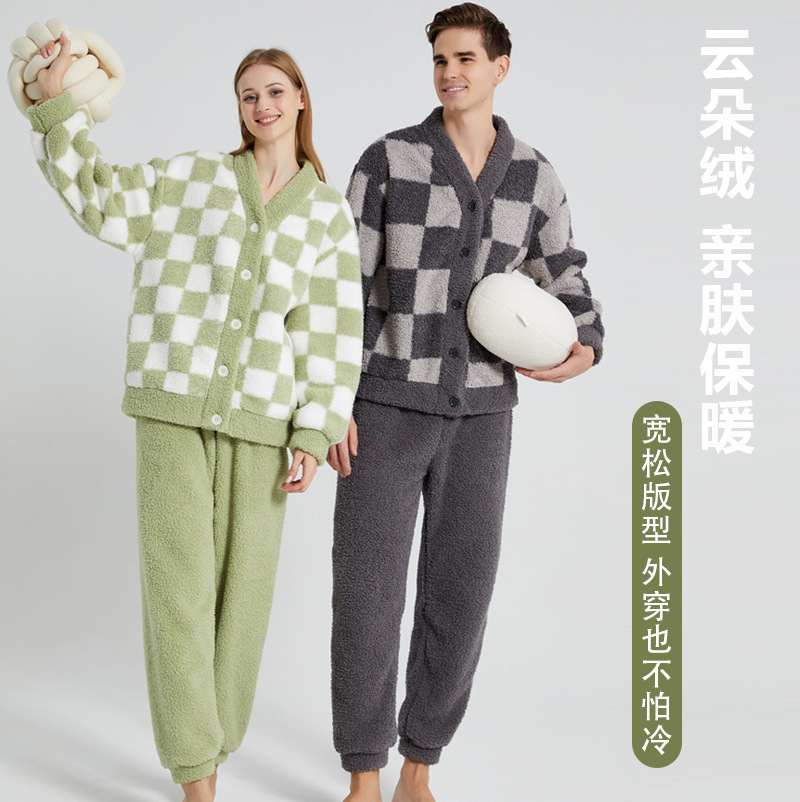 珊瑚绒睡衣女冬季加厚保暖情侣睡衣大码开衫家居服可外穿睡衣套装详情2