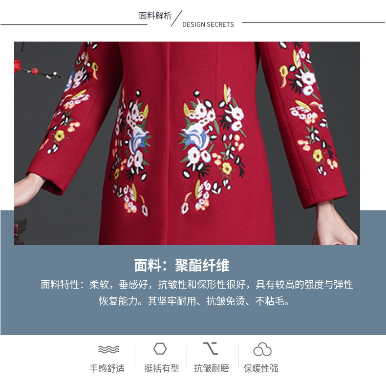 中老年红色毛呢外套2021冬季宴会绣花短大衣喜婆婆妈妈装一件代发详情9