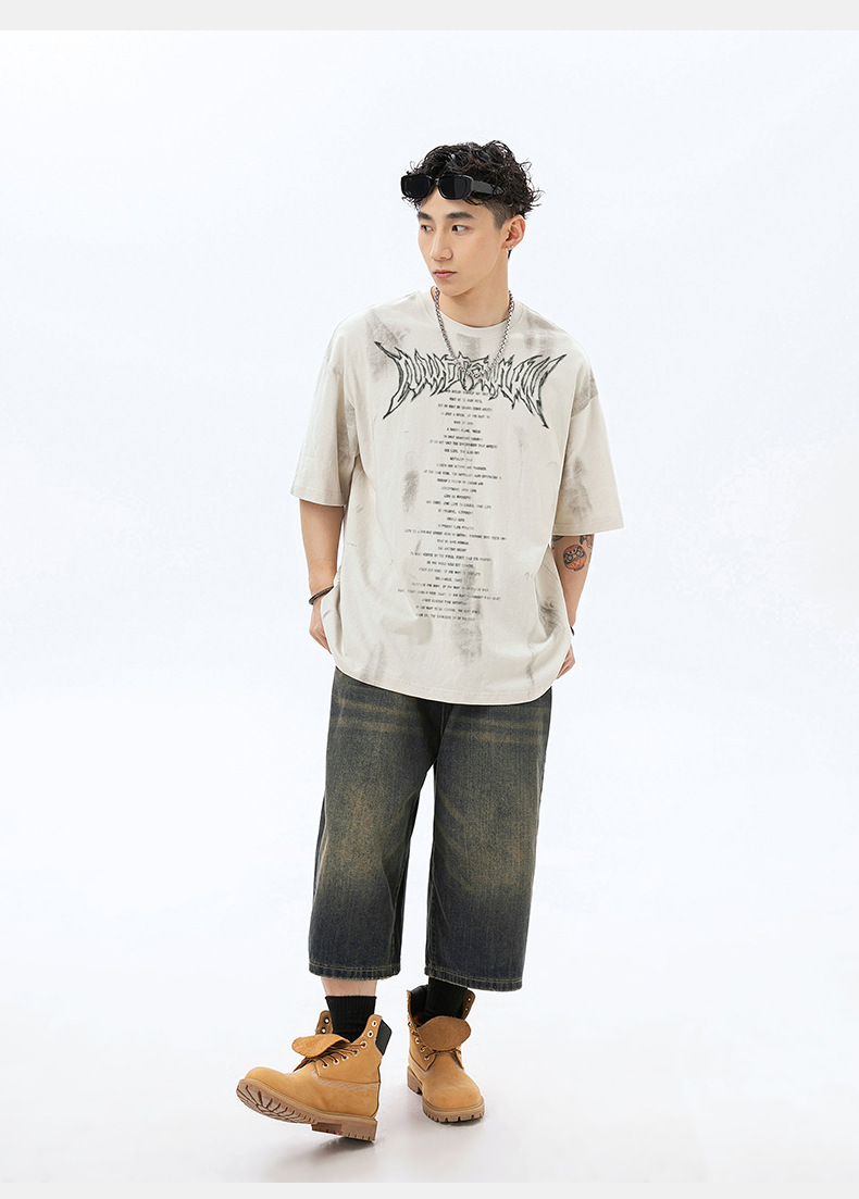手绘印花纯棉T恤男2024夏季美式休闲情侣短袖做旧擦色复古体恤衫q详情16