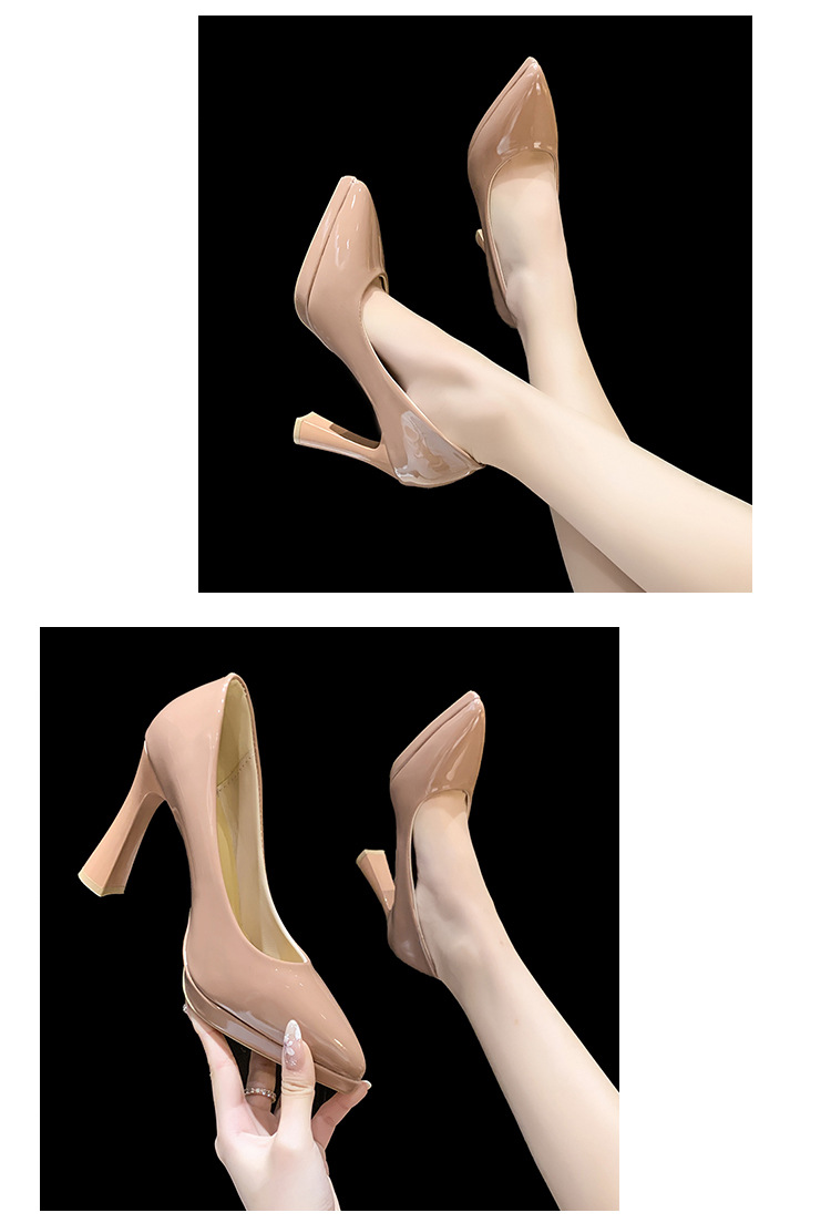 Pointed-toe nude high heels for women, 2023 new style, simple, fashionable and versatile, patent leather shallow toe square heel single shoe pic 17