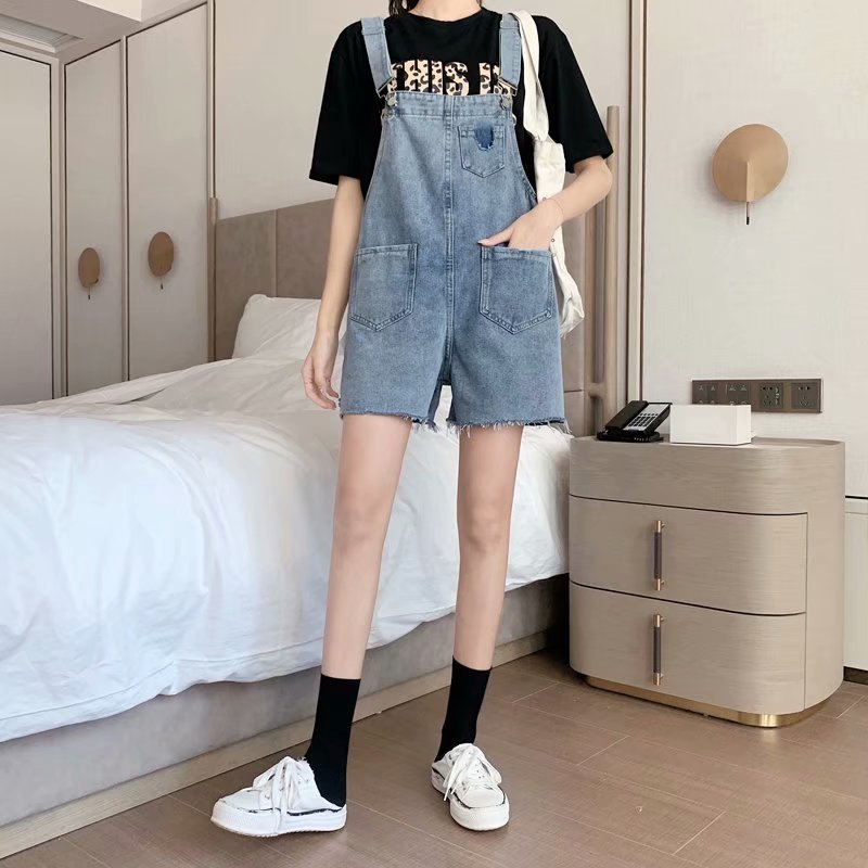 Summer internet-famous ripped denim overalls for women, high-waisted, loose, plus-size, youthful and petite student suspenders pic 4