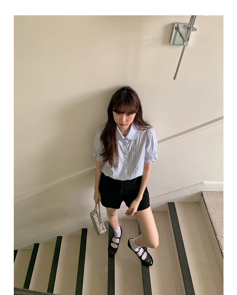 【歌铭】法式复古蕾丝娃娃领减龄衬衫女装夏季新款短袖开衫Y1417F详情20