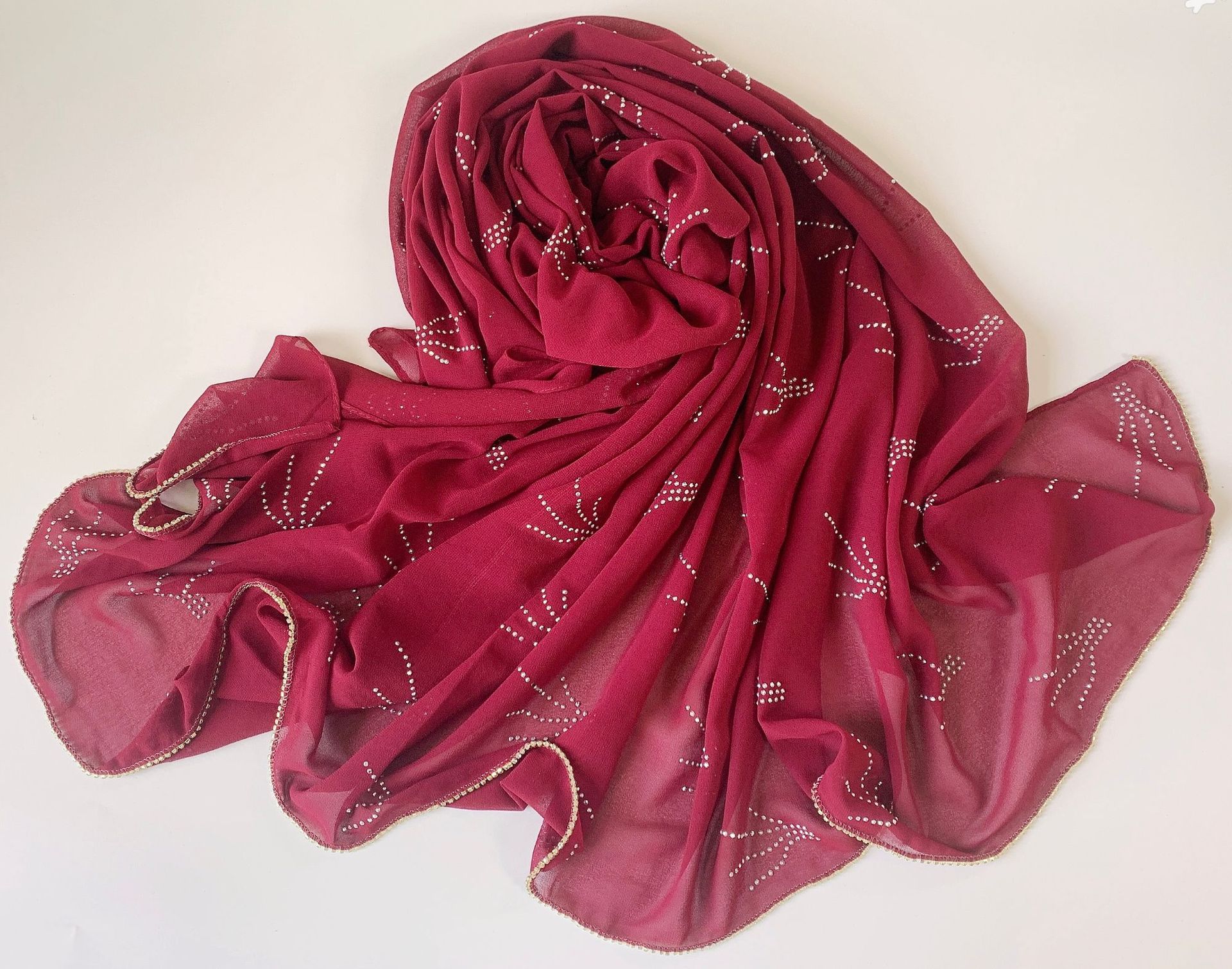 花边烫钻纯色雪纺盖头纱巾珍珠穆斯林女长巾新款详情4