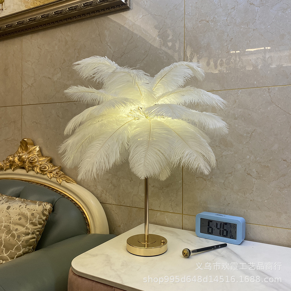 Rechargeable ostrich feather desk lamp, bedroom bedside lamp, creative Nordic light luxury romantic night lamp, warm decorative desk lamp pic 12