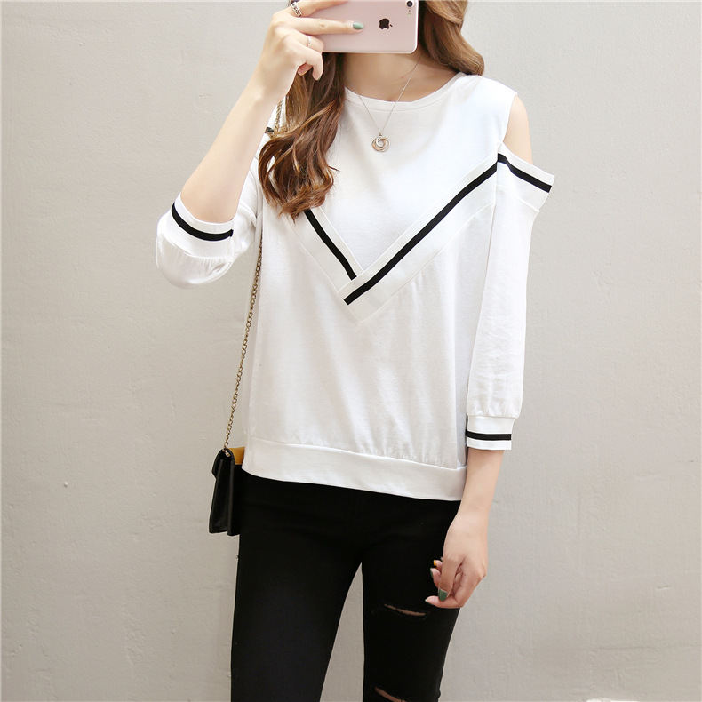Spring and Autumn new versatile T-shirt for women, 7-inch sleeved off-the-shoulder long-sleeved sexy half-sleeved top pic 12