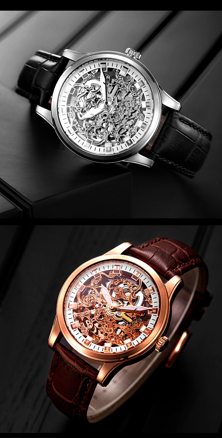 Utime高档品牌机械手表男全自动商务镂空真皮防水男款机械表腕表详情23
