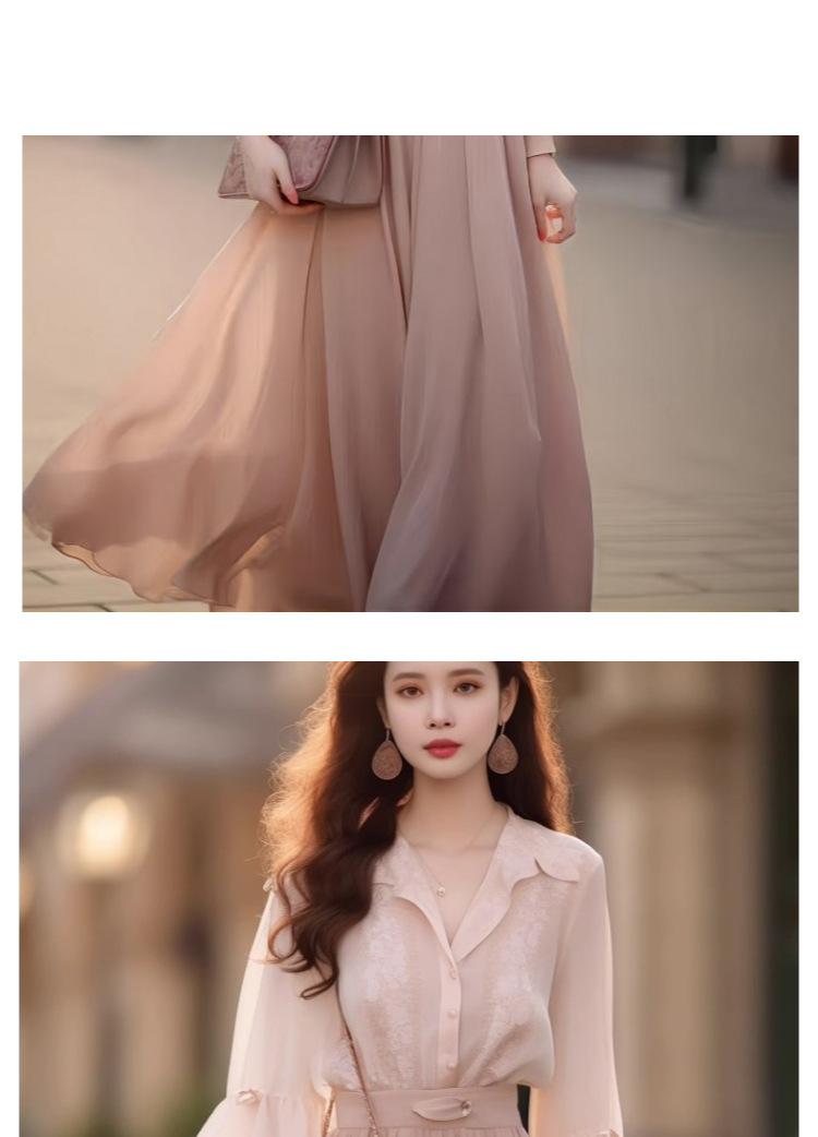 Autumn Outfit 2023 New Chanel-style shirt set, stylish and elegant pink long dress two-piece dress pic 13