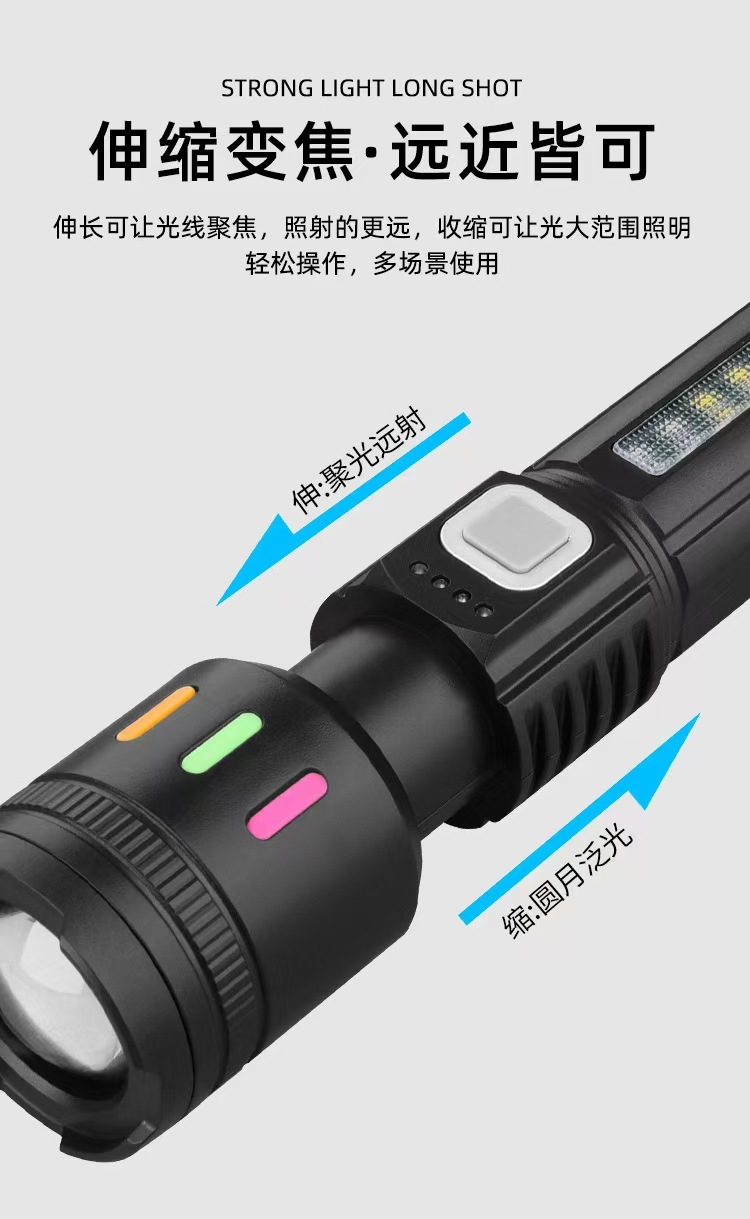 A new portable outdoor high-intensity flashlight with adjustable focusing, battery level display and red and blue light warning pic 5