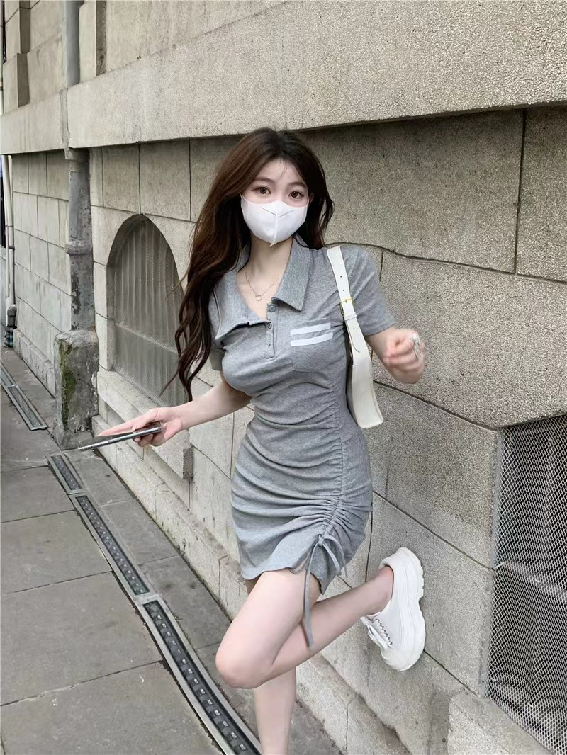 French-style, pure and sweet, petite, pure and sensual, hot girl, gentle style, high-end, hip-hugging, polo collar dress for women in summer pic 7