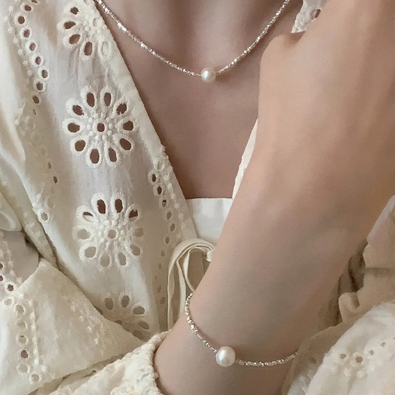 925纯银单珍珠碎银子手链项链女不规则方块手串复古法式超闪INS风详情16