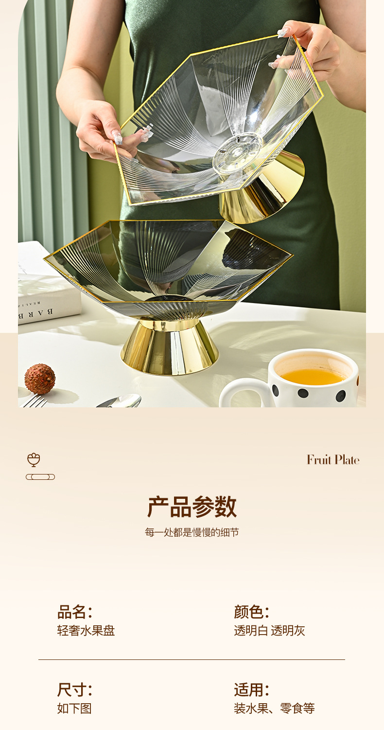 8553家用带底托果蔬盘透明六角型果盘时尚烫金边网红高颜值糖果盘批发详情8