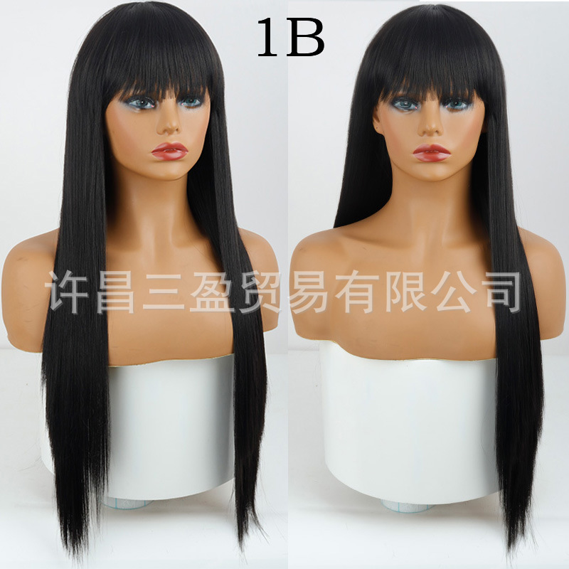 Wholesale of European and American cross-border wigs with straight bangs and long, straight hair made of high-temperature synthetic fiber pic 10