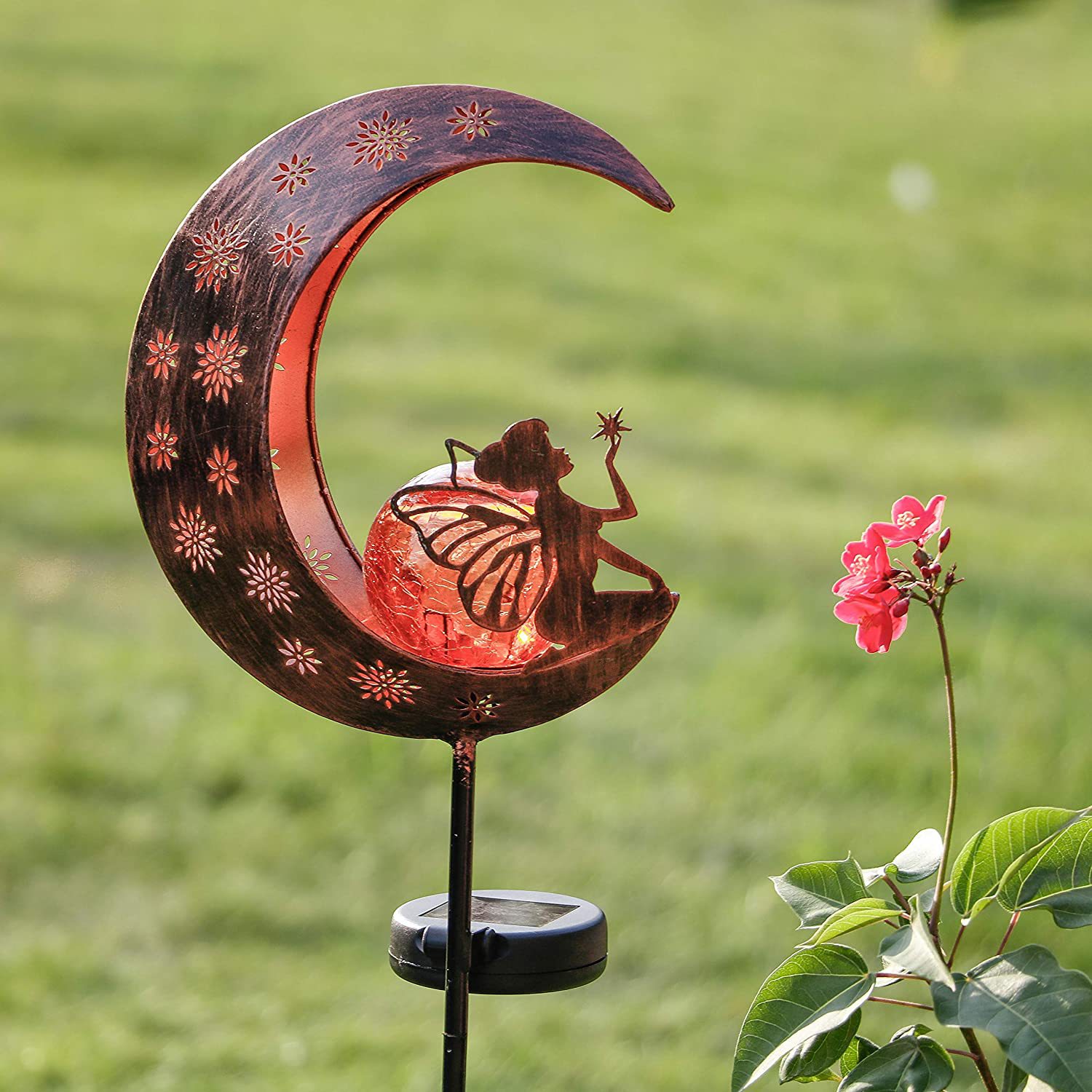 Moon and Fairy Garden solar column lamp outdoor, Angel cracked glass globe garden decoration suitable pic 3