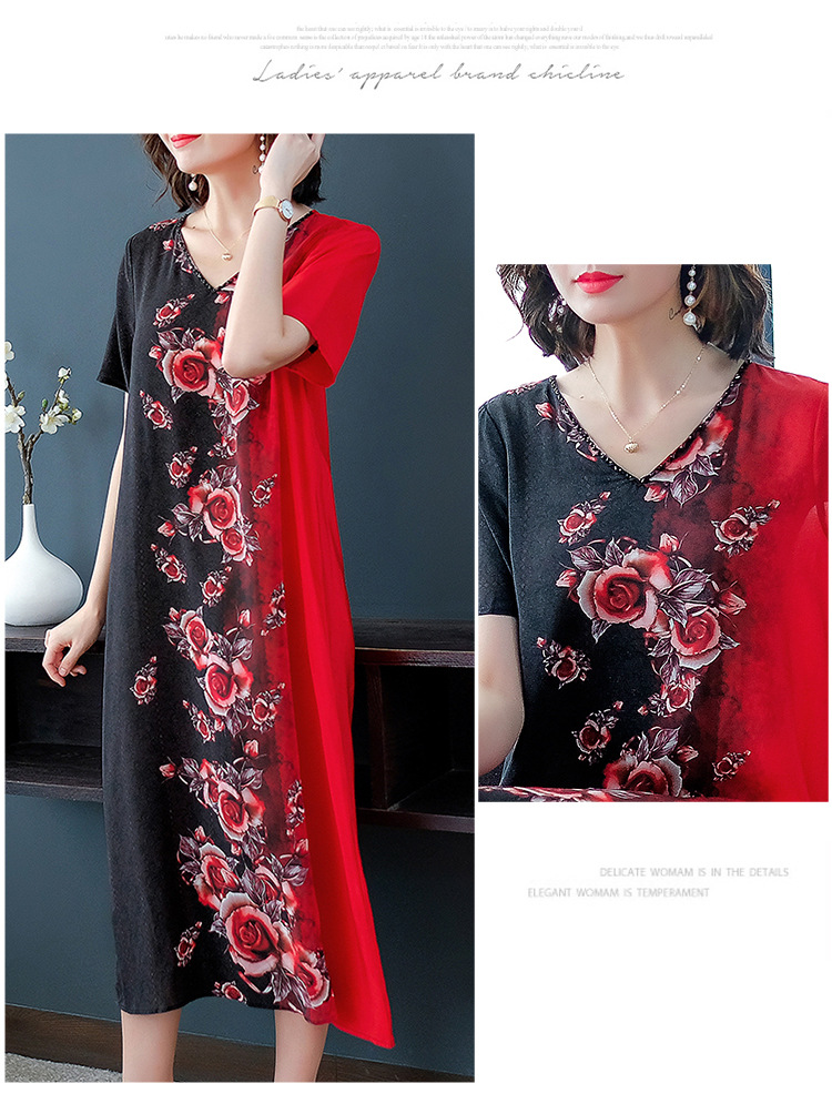 批发V领印花连衣裙女2021夏季新款阔太太大码遮肚桑蚕丝裙子潮详情11