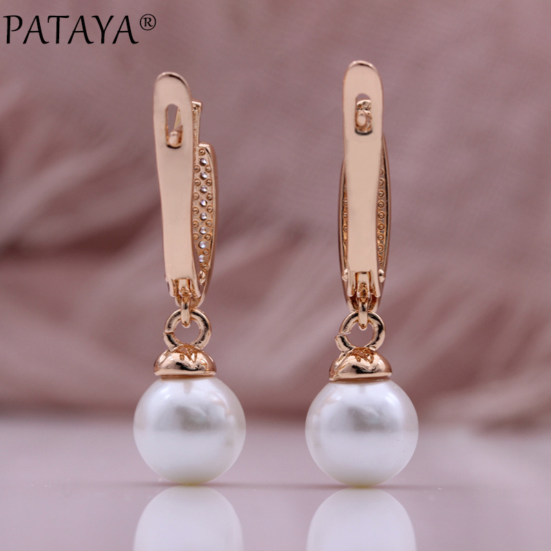 PATAYA585 rose gold real gold electroplated pearl earrings, cross-border Amazon micro-set zircon long earrings pic 3