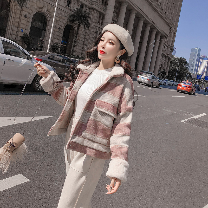New loose checkered thickened windbreaker, short and versatile woolen coat for petite people pic 5