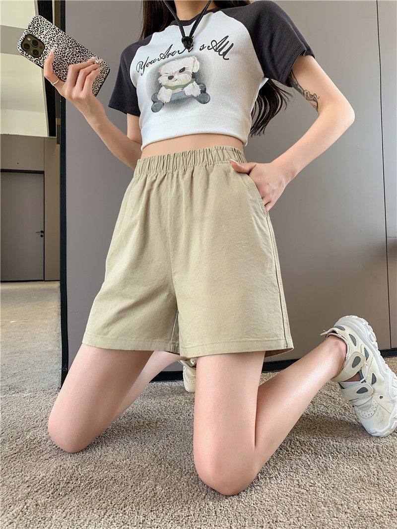 松紧高腰阔腿裤春夏日系百搭宽松显瘦休闲卡其色水洗棉短裤女夏季详情18