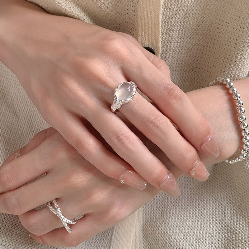 S925纯银肌理感熔白玛瑙戒指不规则锡纸开口戒蛋形玉石指环女详情4