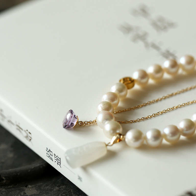 Pure gold K gold handcrafted natural nearly round freshwater pearl bracelet, 18K gold chain hanging amethyst, original DIY for women pic 12