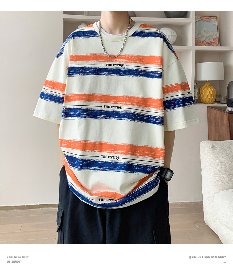 全棉条纹短袖T恤男2024港风青少年百搭宽松五分袖纯棉体恤衣服潮详情18