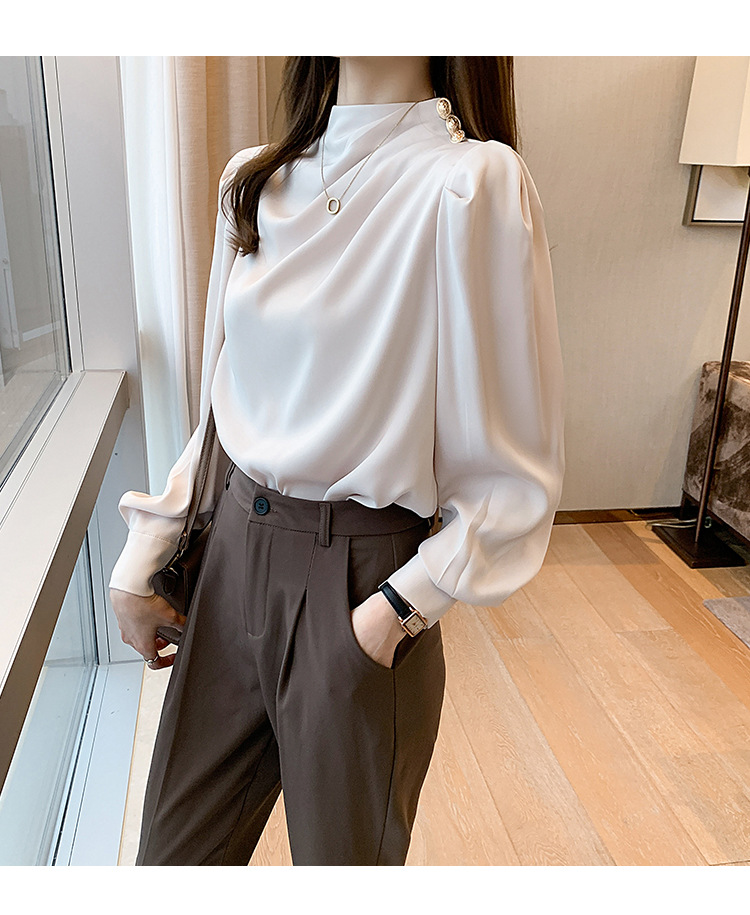 外贸供货2023轻熟气质立领褶皱灯笼袖时尚长袖上衣宽松女士衬衫详情33