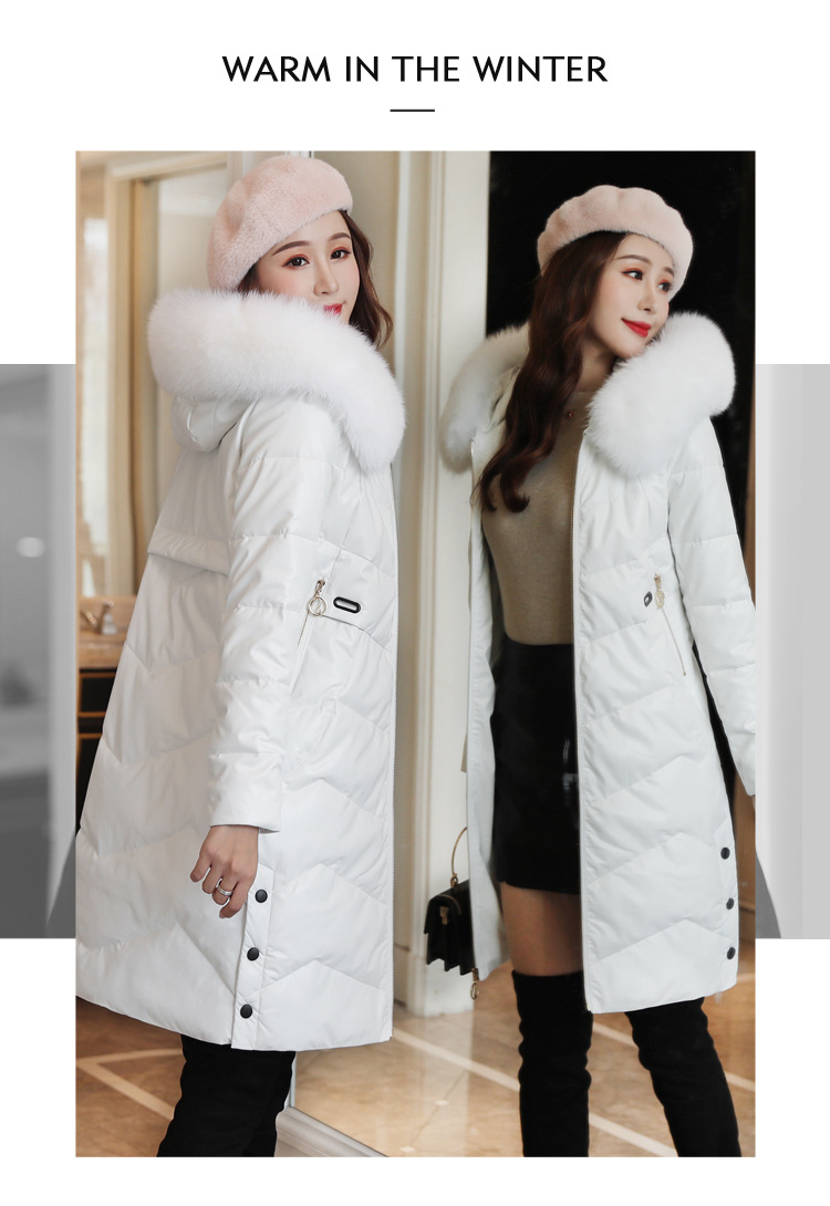 Korean winter new mid-length down cotton-padded jacket, PU leather, true fox fur collar, thickened leather coat pic 1