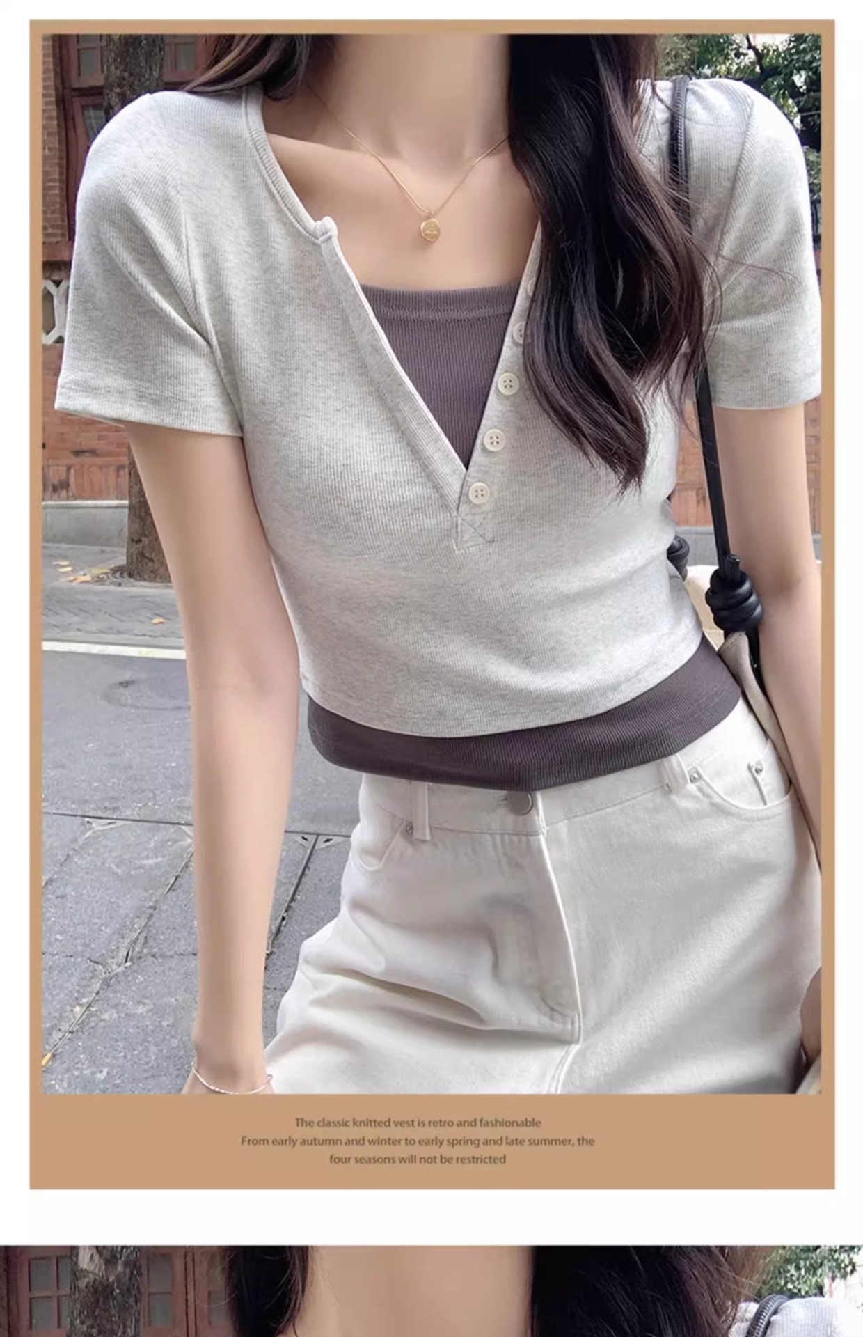 Pink V-neck off-the-shoulder T-shirt for women, short sleeve, new spring and summer style, two-piece design, slim and short, pure and sensual pic 42