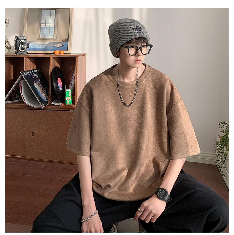 麂皮纯色短袖T恤男2023夏季质感半袖宽松t恤圆领半袖衣服青少年详情6