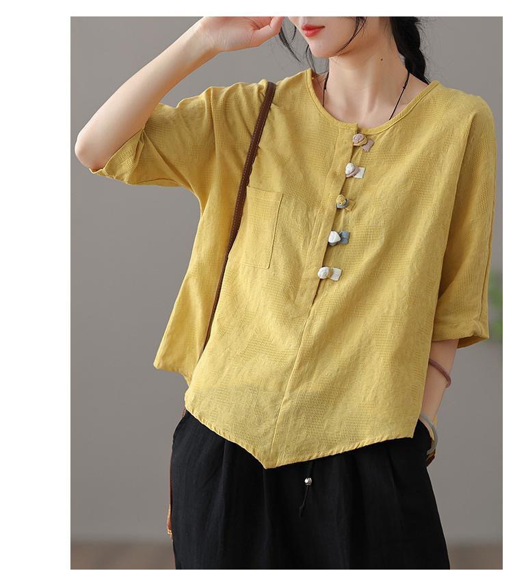 复古薄款盘扣防亚麻上衣女士夏季短袖不规则白色T恤打底棉麻衬衣详情13