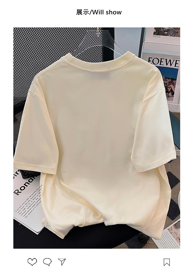 实拍32支双纱纯棉螺纹领短袖t恤女夏2023刺绣花圆领上衣大码女装详情5