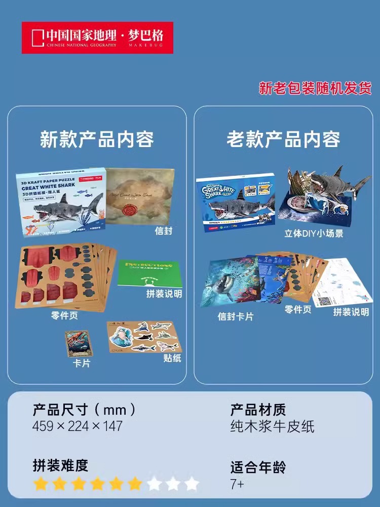 梦巴格3D立体纸拼图益智模型拼插装玩具自然科普动物手工噬人鲨鱼益智拼图玩具详情1