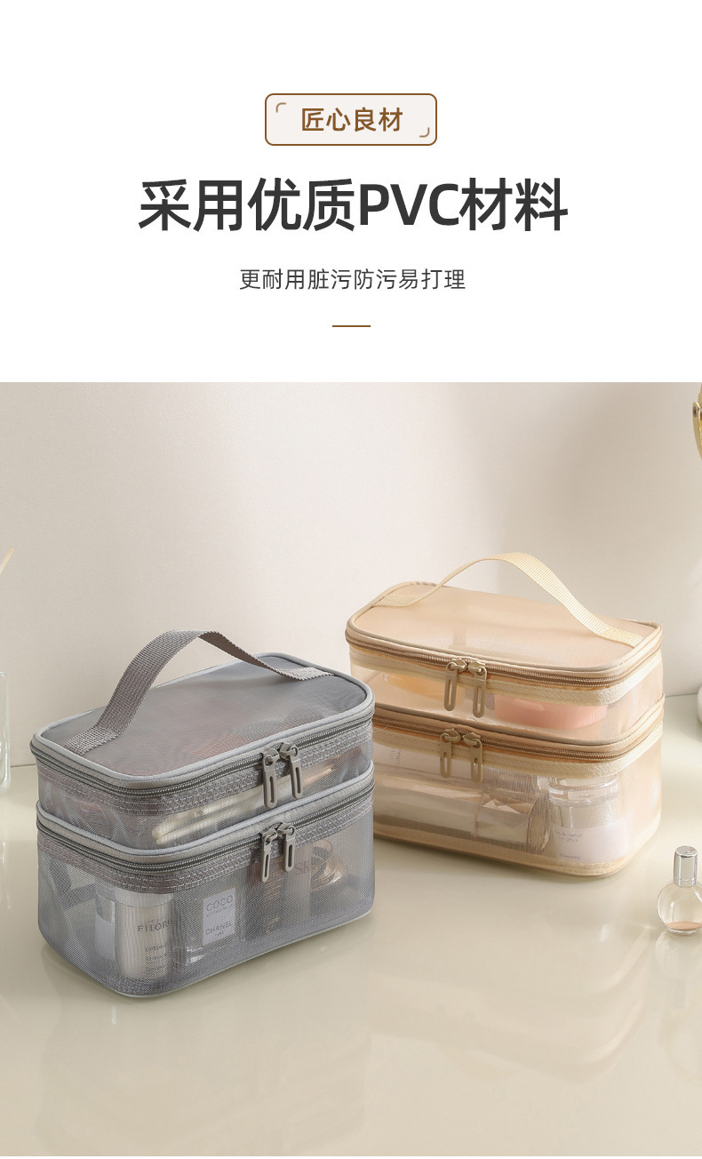 跨境现货新款手提包化妆包便携式透明大容量双层网纱洗漱收纳包袋详情6