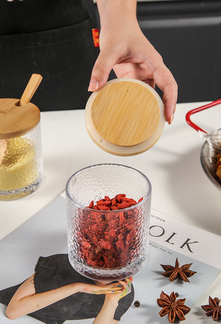 Green Classic Japanese Hammer patterned glass sealed Jar, Creative bamboo and wood tea jar, seasoning jar, storage jar, Kitchenware pic 20