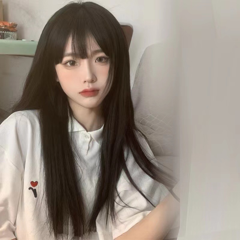 The bangs of the Internet celebrity, pure desire style, black long straight hair natural wig, female full head set, white and gold wig, long straight hair Barbie pic 10