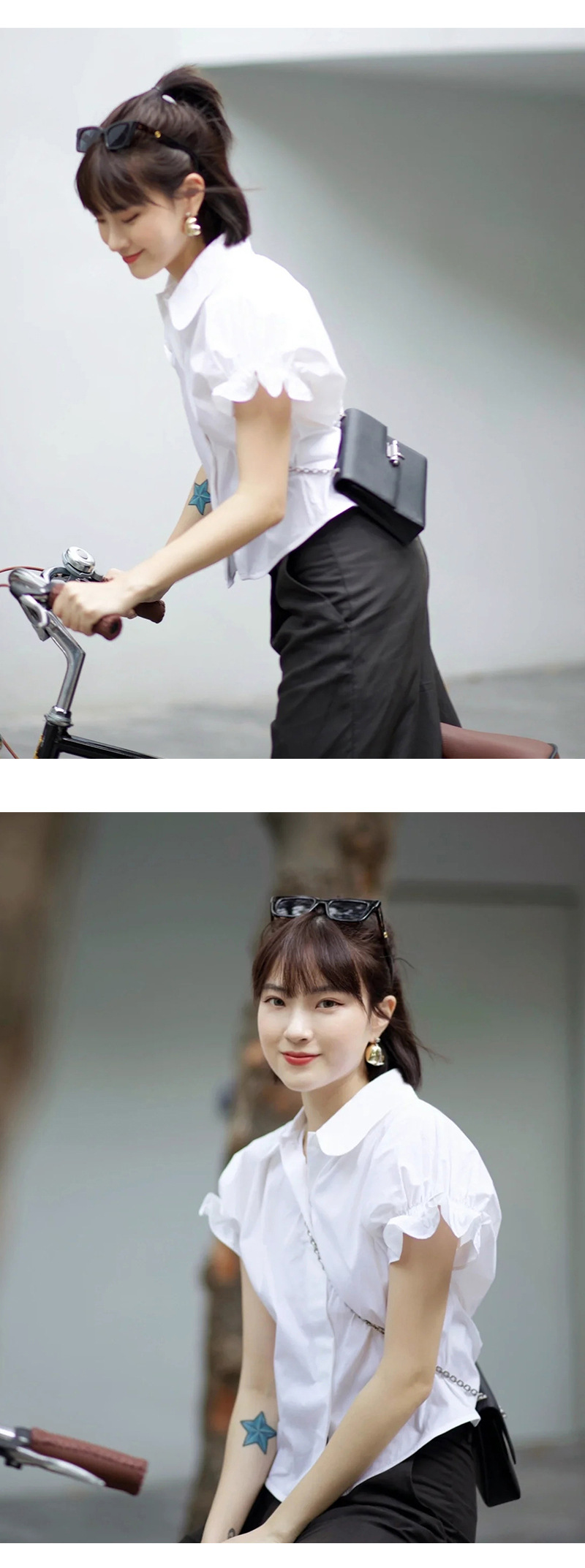co*s2022 Summer New Collection: Two-color doll collar, pleated, casual short-sleeved shirt for women in solid color pic 7