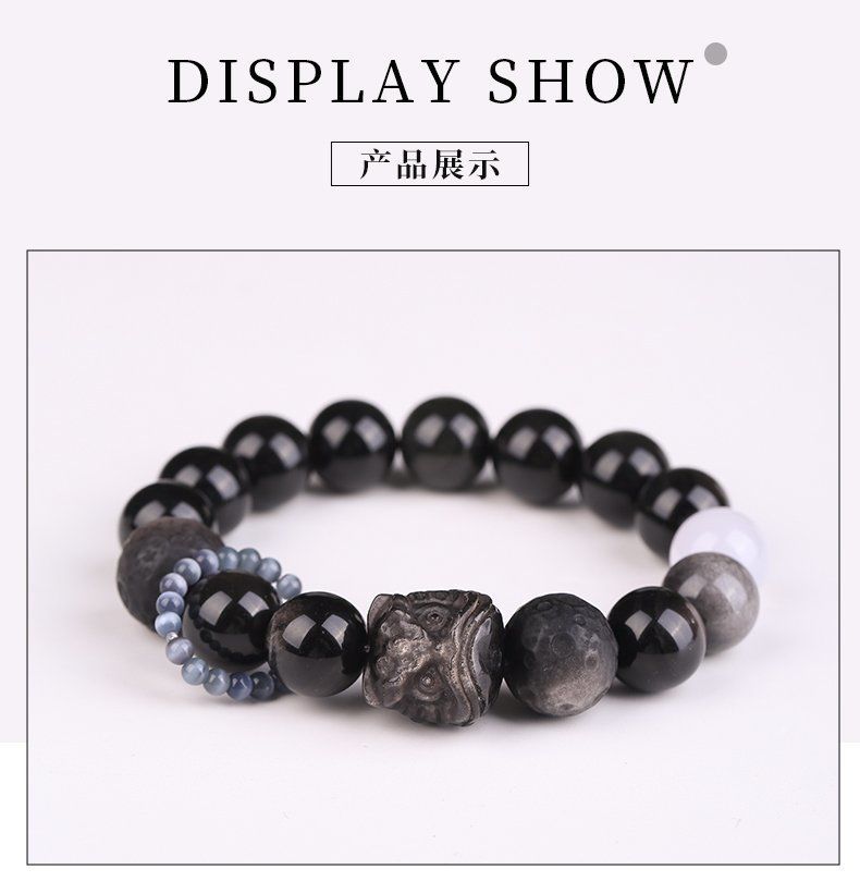 黑曜石醒狮手串银曜石陨石情人节礼物本命年兔年好运珠手链批发详情11