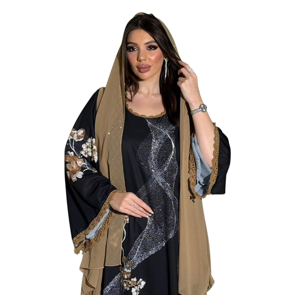 XQY500263 Cross-border Middle East Muslim Robe Dubai Arab printed Robe Dress with belt pic 7