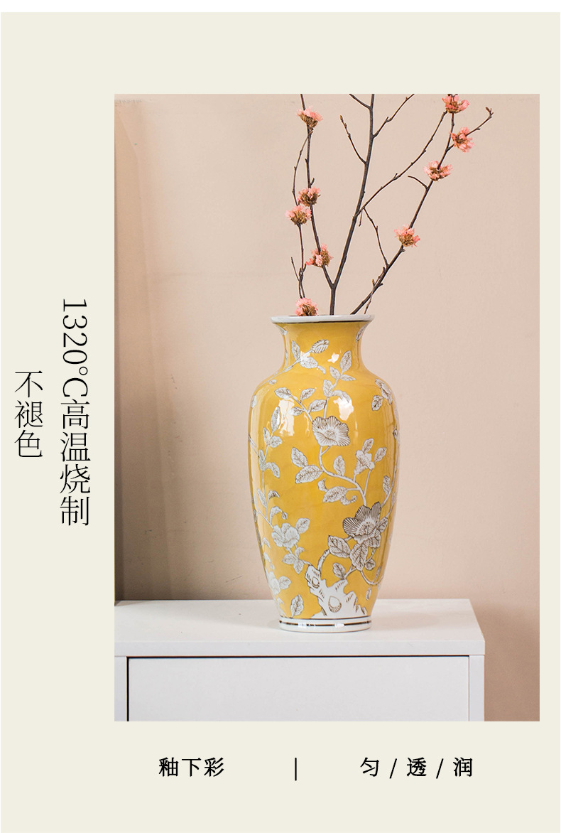 Yellow vintage vase, new Chinese-style hand-painted ceramic flower vase, American-style ceramic decoration, retro entrance hall porcelain, with a sense of luxury pic 9