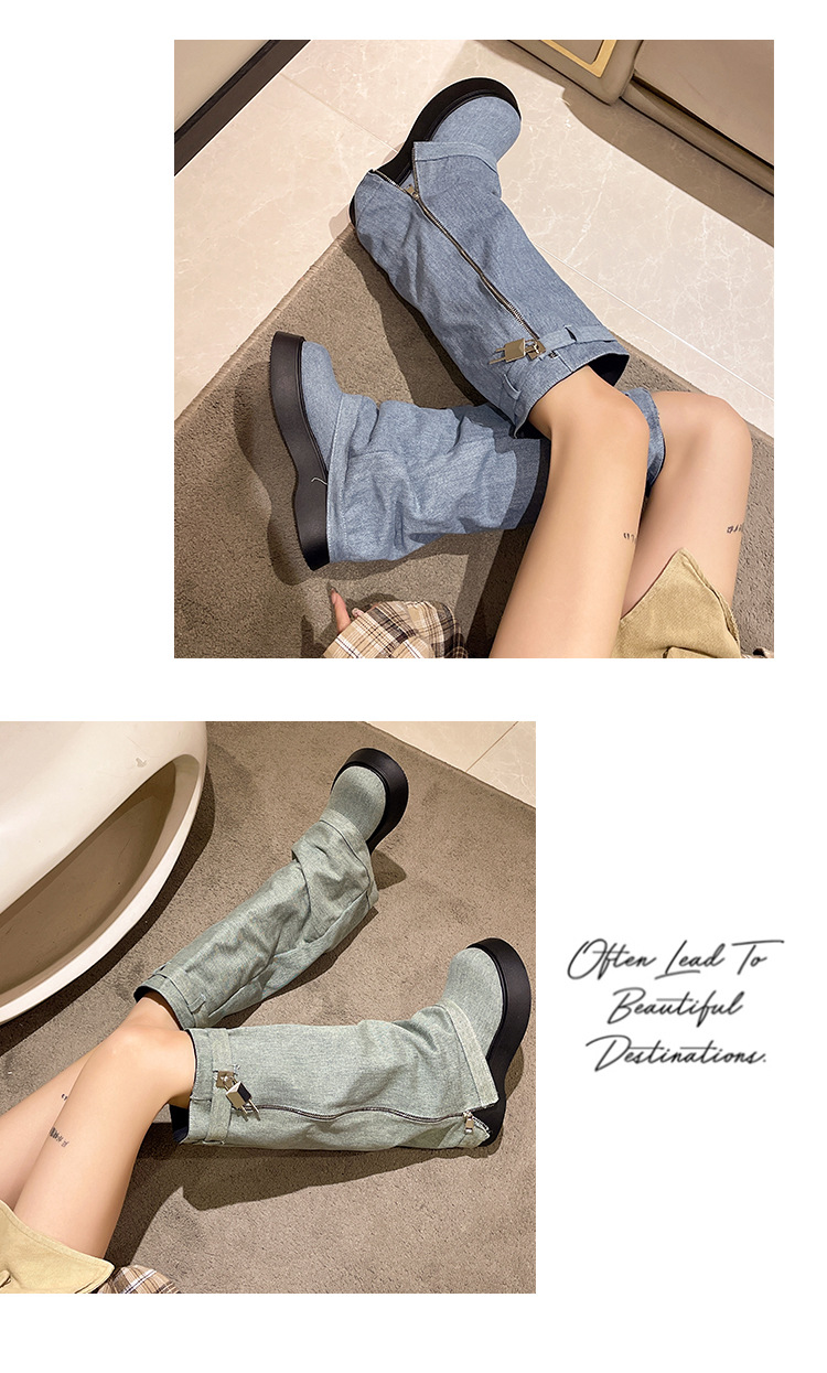 厚底套筒牛仔靴长筒靴女士松糕底骑士靴小个子高靴辣妹长靴裤管靴详情11