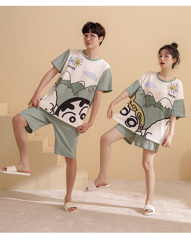 Novedades pareja manga corta pantalones cortos pijamas mujer verano slim algodón peinado hombre traje de hogar suelto casual cartoon pic 115