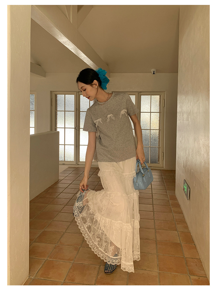 Aisili 2025 Spring Korean ballet-style lace bow design Versatile short-sleeved T-shirt for women 13316 pic 21