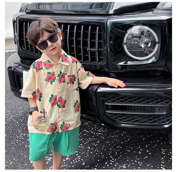 儿童衬衫2023童酷夏装韩版洋气宝宝上衣帅气玫瑰花满印男童衬衣潮详情16