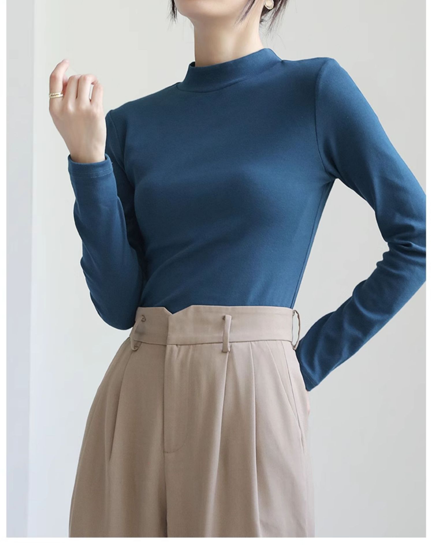 Pequeño cuello alto polainera blanca colgante interior otoño/invierno top mujer algodón cuello medio manga larga camiseta slim fit pic 21