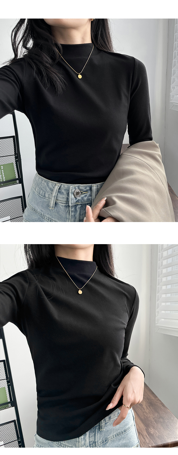 深灰色打底衫内搭小立领棉长袖t恤女黑色半高领初秋早秋上衣女潮详情9
