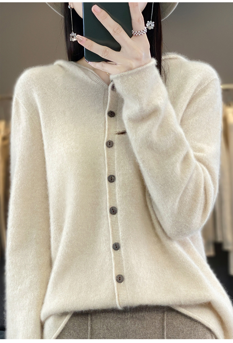 女士连帽100羊毛衫开衫百搭秋冬新款纯色一线成衣潮卫衣针织外套详情12