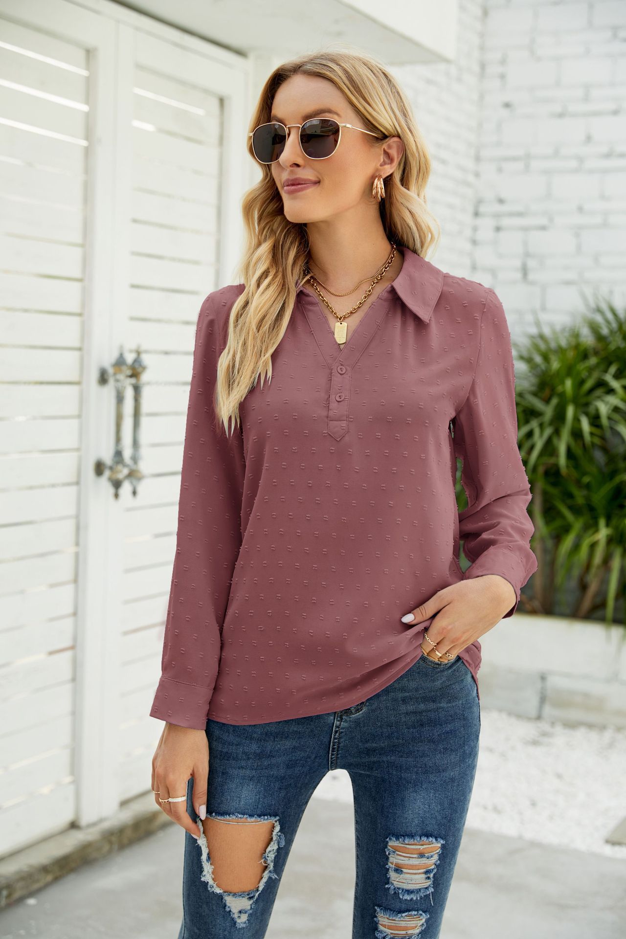 跨境欧美女装亚马逊秋冬新款立领长袖衬衫提花毛球休闲宽松上衣女详情11