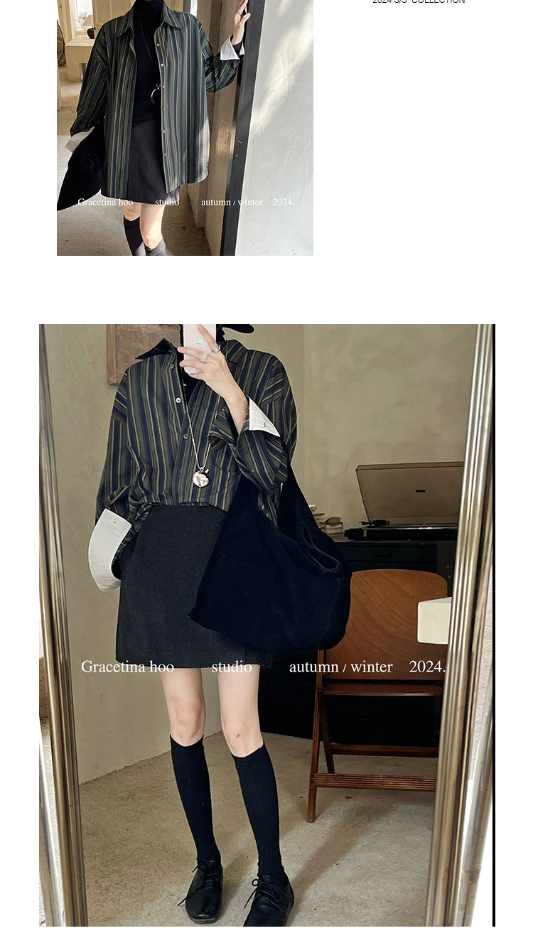 The First batch of Thirteen Factories 2024 autumn/winter new simple and laid-back style top, retro loose long-sleeved striped shirt for women pic 10